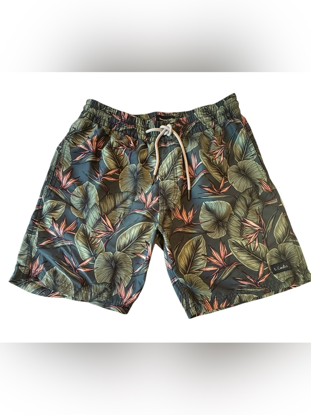 Barney Cools Green Leaf & Pink Accent Tropical Swim Trunks Size 32” Unlined